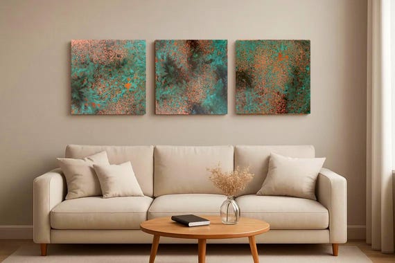 Real Copper Wall Art – 3 Panel Metal Artwork – Obsidian Copper Mist – Handcrafted Patina Decor – Dark Modern Triptych Statement Piece