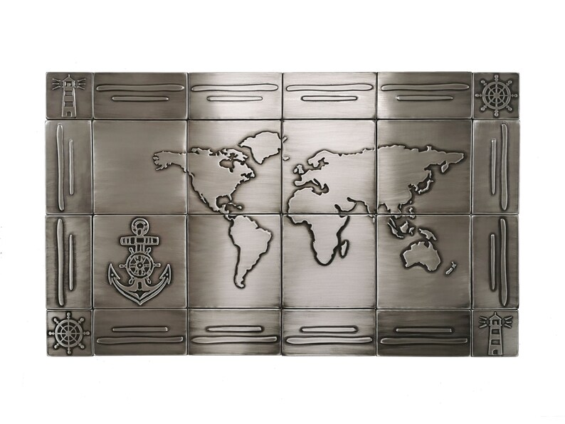 May include: A rectangular metal wall art piece featuring a world map design. The artwork is composed of square tiles with nautical-themed accents, including anchors, ship wheels, and lighthouses. The color is a muted silver.