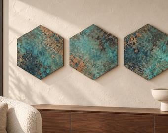 Copper Hexagon Wall Art, Set of 3 Metal Hexagons, Oceanic Copper Pulse Patina, Turquoise Verdigris Geometric Decor, Handmade