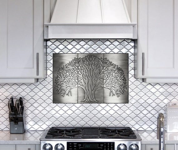 Tree of life - Set of 3 Handmade tiles - 100% Copper, Stainless Steel or Brass. The perfect backsplash for tree lovers.