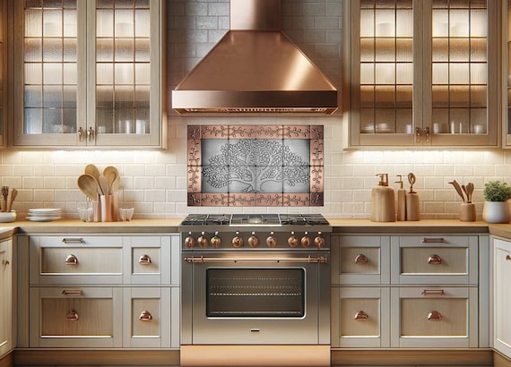 Copper and Stainless Steel Tree of Life Wall Art – 24 Handmade Tiles – California Kitchen Backsplash or Luxury Fireplace Accent