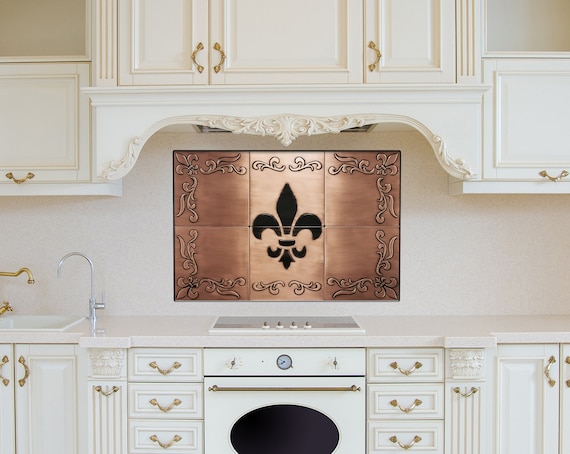 Fleur de Lis Copper Tile Backsplash – Set of 6 Handmade Metal Tiles – French Country Kitchen Decor in Copper, Brass or Steel