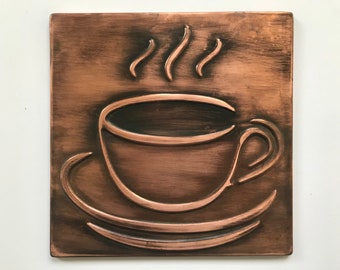 Coffee Cup Copper HANDMADE Tile. Perfect completion, for instance to a kitchen, living room and cozy coffeehouse.