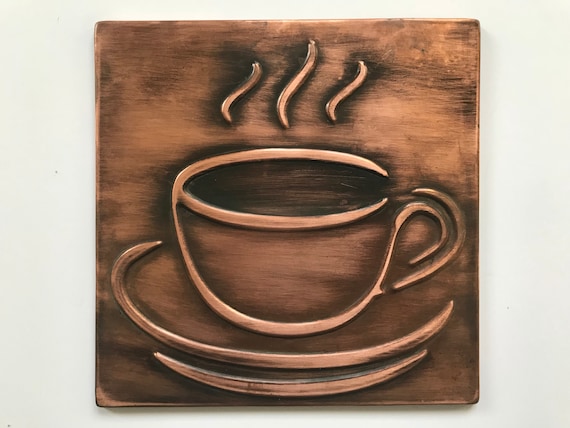Coffee Cup Copper HANDMADE Tile. Perfect completion, for instance to a kitchen, living room and cozy coffeehouse.