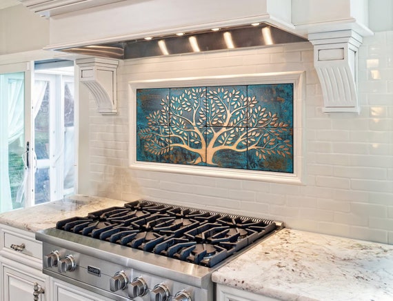 Copper Tree of Life Wall Art – 8 Handmade Tiles with Natural Patina – Kitchen or Living Room Decor