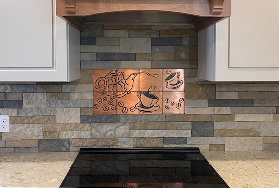 Coffee pot and cups - 8 Handmade 100% Copper, Stainless steel or Brass Tiles. The perfect backsplash for coffee lovers.
