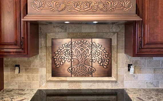 Viking Tree of Life Tile Set – 3 Handmade Copper Panels with Norse Celtic Runes | Nordic Wall Art for Kitchen or Home