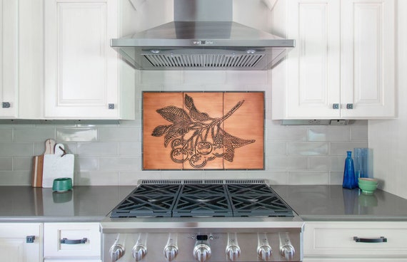 Cherry branch - Set of 3 Handmade tiles - 100% Copper, Stainless Steel or Brass.