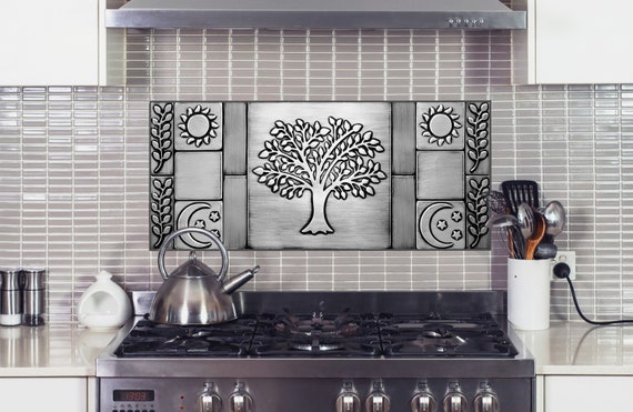 Beautiful Tree of life with olive branches, sun and moon, Set of 15 Handmade tiles - 100% Copper, Stainless Steel or Brass