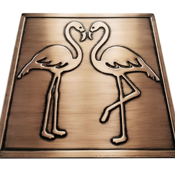 Lovely flamingos - Handmade 100% Copper, Brass or Stainless Steel Tile. Metal wall art, wall tile, kitchen tile, rustic,