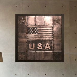 USA flag tiles in a wooden frame, SET of 17 Handmade COPPER tiles. Total size: 21.26&#39;&#39; x 21.26&#39;&#39; (54cm x 54cm)