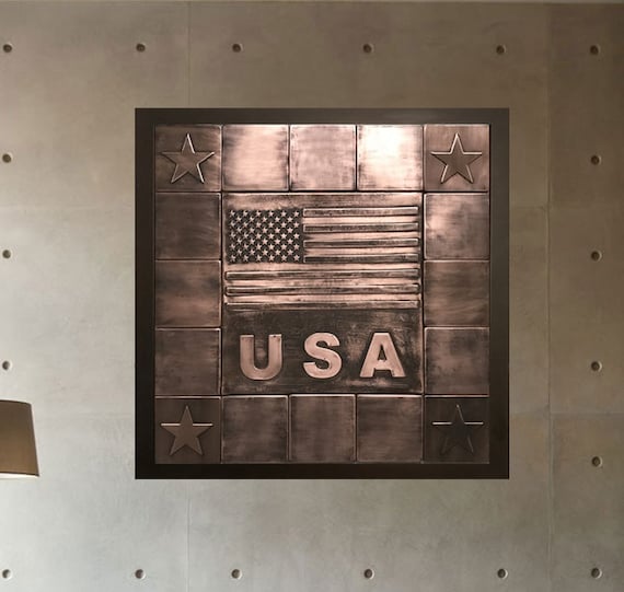 USA flag tiles in a wooden frame, SET of 17 Handmade COPPER tiles. Total size: 21.26'' x 21.26'' (54cm x 54cm)