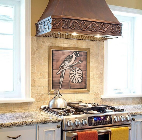 Cute parrot on a branch - Set of 4 Handmade tiles - 100% Brass, Copper or Stainless Steel. The perfect backsplash for birds lovers.