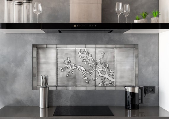 Birds on the branch - Large set of 37 Handmade tiles - 100% Copper, Stainless Steel or Brass.