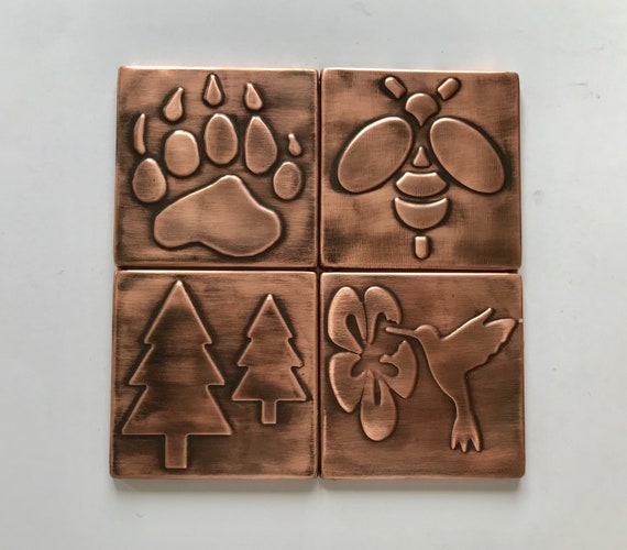Bee, tree, hummingbird - set of 4 handmade tiles 100% Copper, Brass or Stainless steel!