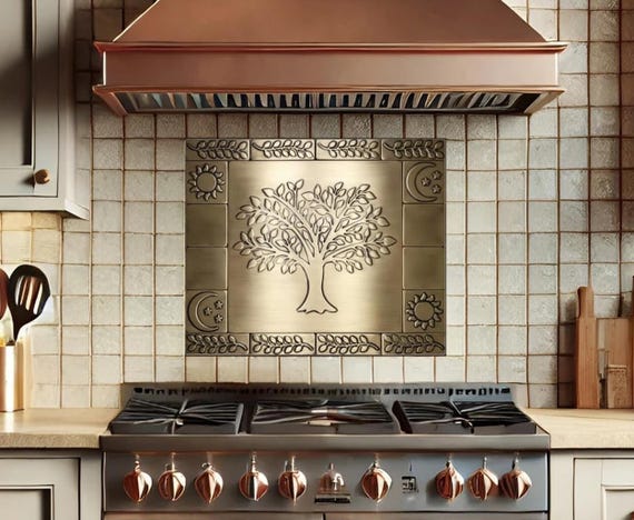 Brass Tree of Life Backsplash with Sun & Moon | Handmade Wall Art for Kitchen | Nature-Inspired Luxury Decor | Real Metal Tiles