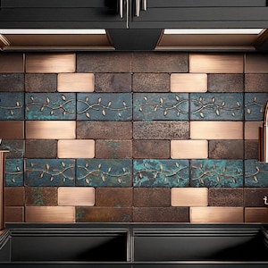 Rustic Copper Kitchen Tiles – Vintage, Patina Backsplash Set – Real Copper Wall Tiles – Handcrafted Kitchen Decor – 38 Pieces