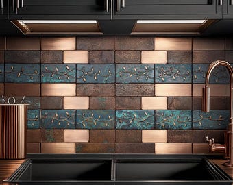 Rustic Copper Kitchen Tiles – Vintage, Patina Backsplash Set – Real Copper Wall Tiles – Handcrafted Kitchen Decor – 38 Pieces