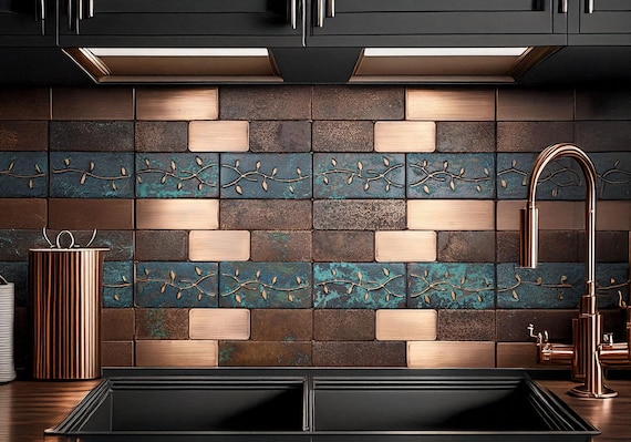 Rustic Copper Kitchen Tiles – Vintage, Patina Backsplash Set – Real Copper Wall Tiles – Handcrafted Kitchen Decor – 38 Pieces
