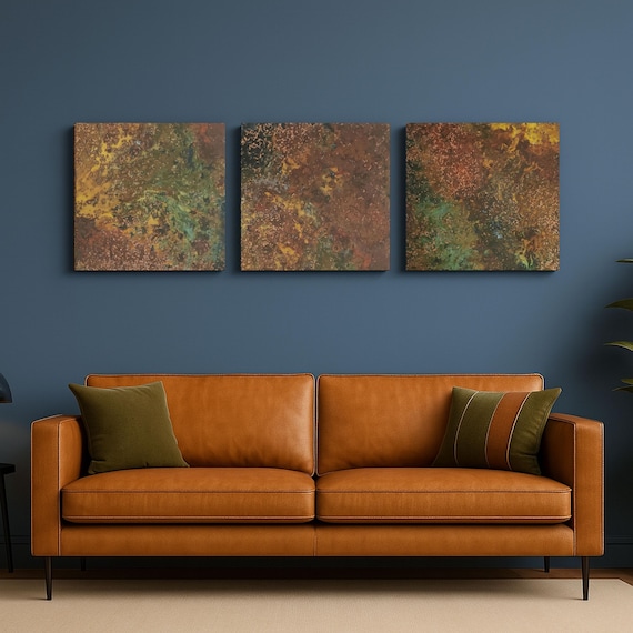 Real Copper Wall Art – 3 Panel Patina Metal Artwork – Savage Copper Bloom – Modern Rustic Statement Decor Wall Hanging
