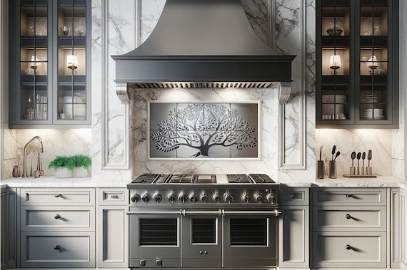 Tree of Life on Stainless Steel – Set of 8 Handmade Tiles for Kitchen Backsplash or Wall Art – Metal Decor Panel