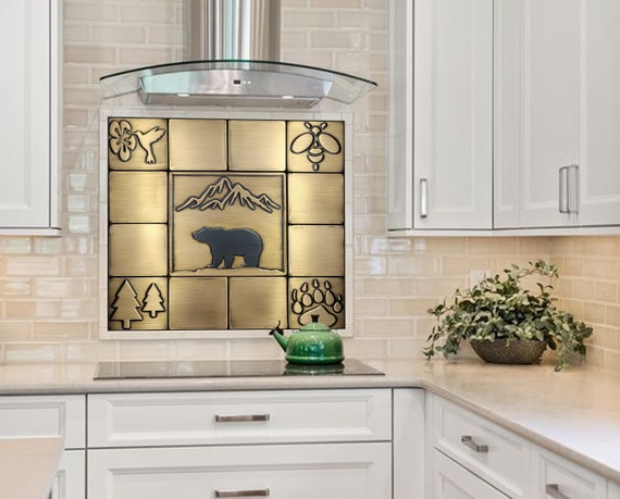 Bear and mountains - Set of 13 Handmade tiles - 100% Copper, Stainless Steel or Brass. The perfect backsplash for bear lovers.