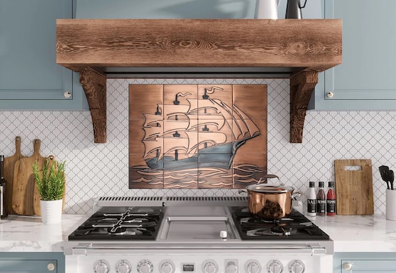 Vintage style sailing ship - set of handmade, decorative tiles - 100% Copper, Brass or Stainless Steel