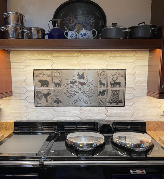 Backsplash with animals and a beautiful tree. Set of 13 Handmade tiles - Brass, Copper or Stainless steel
