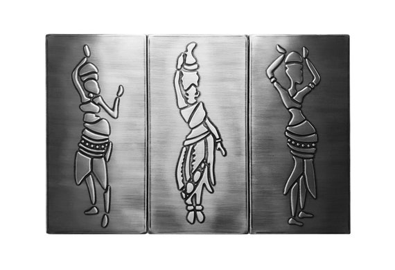 Three African woman tribal - Set of 3 Handmade tiles - 100% Copper, Stainless Steel or Brass. The perfect backsplash for Africa Lovers