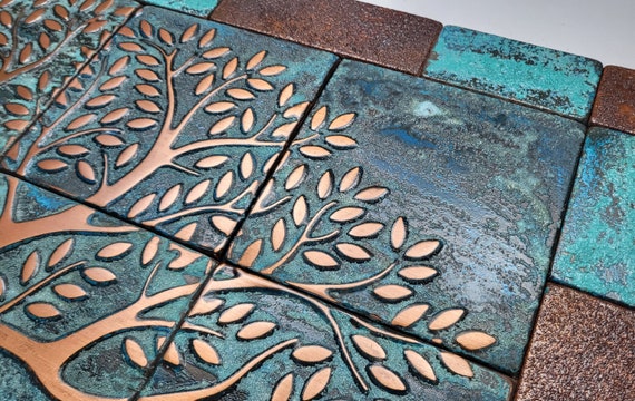 Vintage style real copper patina tree of life tiles