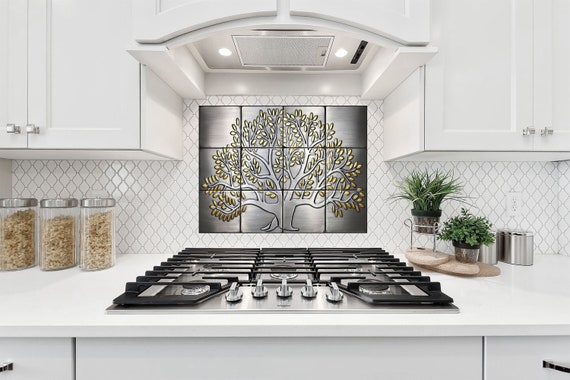 Exclusive Stainless Steel Tree of Life Backsplash – Handmade Wall Art with Brass Leaves | Limited Edition Modern Kitchen Accent USA