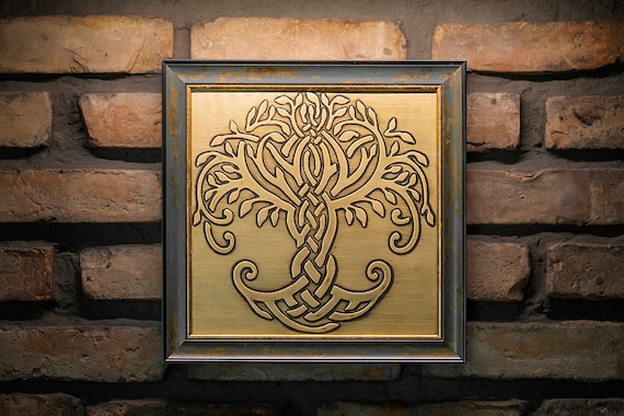 Celtic tree of life in a beautiful, unique wooden frame. Handmade, 100% Brass