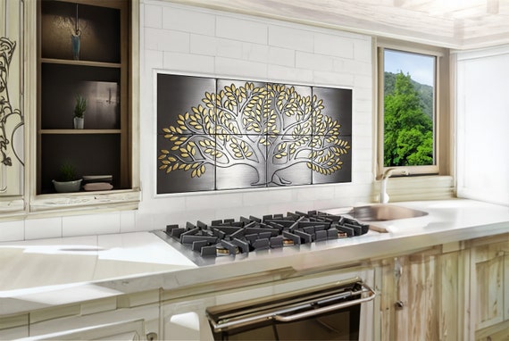 Luxury Tree of Life Kitchen Backsplash – Handmade Wall Art on Stainless Steel with Brass Leaves – Elegant Home Decor Tile Set