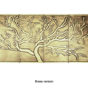 May include: A brass wall art piece featuring a stylized tree with branches extending out in a symmetrical pattern. The tree is embossed on a textured background.