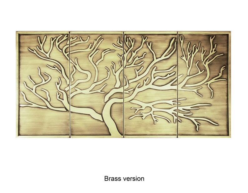 May include: A brass wall art piece featuring a stylized tree with branches extending out in a symmetrical pattern. The tree is embossed on a textured background.