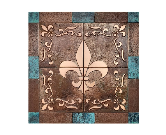 Handmade Vintage Copper Patina Fleur de Lis Tiles – French Country Decor