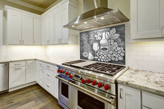 Wine and Fruit Kitchen Backsplash – Copper or Stainless Steel Tile Set – Grapes, Pineapple, Bottle – Rustic Wall Art for Food & Wine Lovers