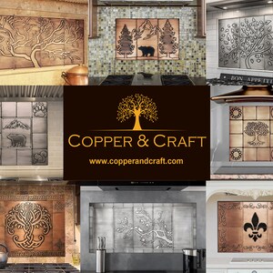 May include: A collage of images showcasing various copper and craft tile designs for kitchen backsplashes. The tiles feature nature-inspired motifs such as trees, mountains, and animals, as well as intricate Celtic knotwork and a fleur-de-lis. The company logo, "Copper & Craft", is prominently displayed in the centre.