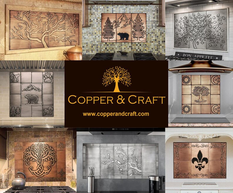 May include: A collage of images showcasing various copper and craft tile designs for kitchen backsplashes. The tiles feature nature-inspired motifs such as trees, mountains, and animals, as well as intricate Celtic knotwork and a fleur-de-lis. The company logo, "Copper & Craft", is prominently displayed in the centre.