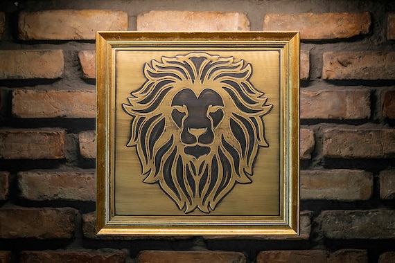 Brass lion in a beautiful wooden frame. Handmade, 100% brass and wood