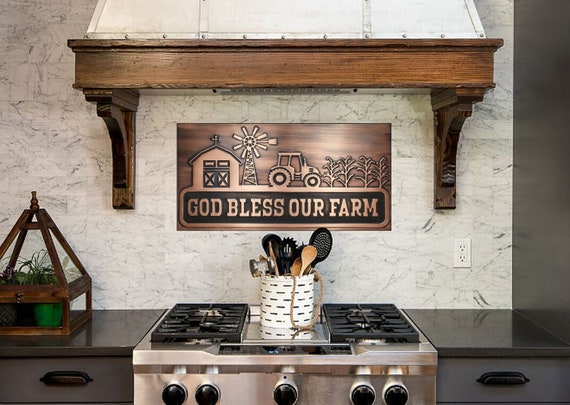 God Bless Our Farm Metal Sign – Copper Farmhouse Wall Art – Rustic Kitchen Backsplash Tile – Tractor & Barn Decor – Country Home Gift