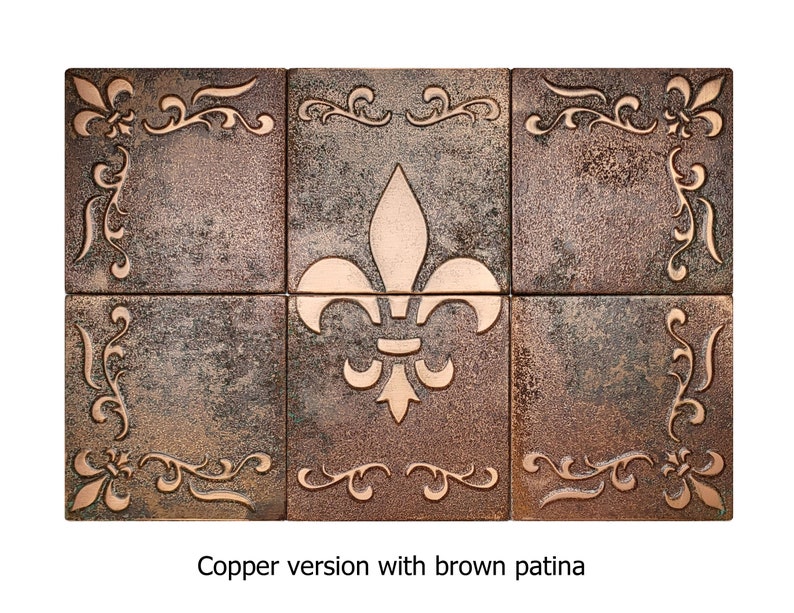 Fleur de lis Set of 6 Handmade tiles 100% Copper, Stainless Steel or Brass Copper brown patina