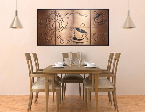 Coffee Wall Art – Framed Copper or Steel Coffee Tile Set – Handmade Metal Wall Hanging for Kitchen or Dining Room – Ready to Hang Decor