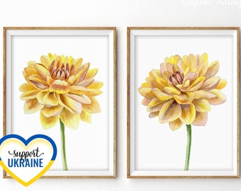 Set of 2 yellow flowers, Dahlia digital wall art, Summer Printable Wall Art, Watercolor Yellow flower Digital, Dahlia wall decor, Botanical