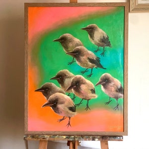 Framed Abstract Bird Oil Painting: Bright Original Art (65x50cm)