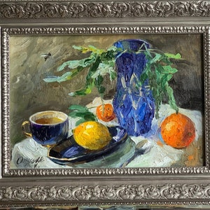 &quot;Gerahmte Zitrone Stillleben-Ölgemälde: Handgemachte Antike Kunst.&quot;