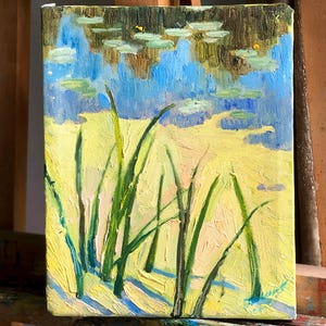 Original lake painting, Original handmade oil painting Swamp, Reed oil painting, Village oil landscape, Ukrainian artist, Impressionist art