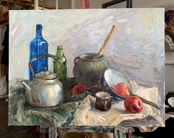 Original Still Life Oil Painting: Kettle and Metal Objects, 31.4x23.6 inches