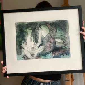 Framed Siren Drypoint Print: Original Etching, Mermaid Painting -  Limited Edition Graphic Artwork