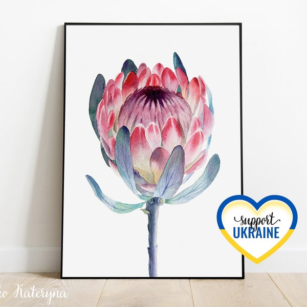 Protea home decor, Watercolor pink protea printable, Tropical flower print, Tropical pink flower wall art, Australian native flower